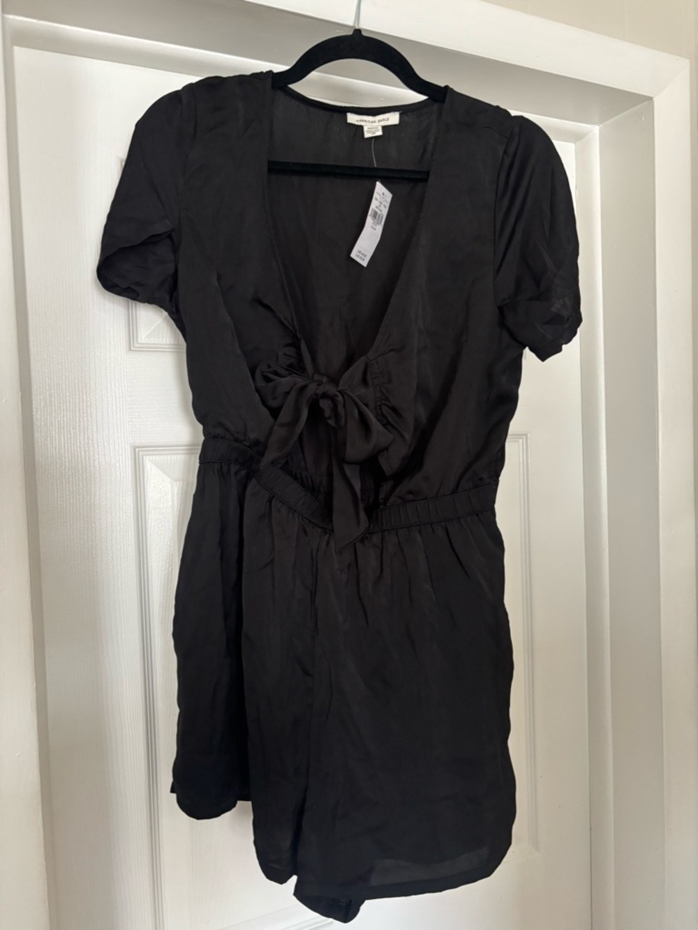 American Eagle Black Women's Satin Romper with Front Tie